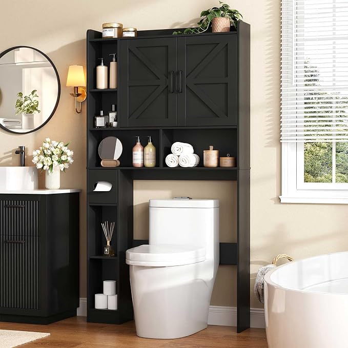 Vabches Over The Toilet Storage Cabinet with 2 Barn Doors, Black | Farmhouse Storage Cabinet with Toilet Paper Holder Stand，Home Space-Saving Toilet Rack, for Bathroom, Restroom, Laundry