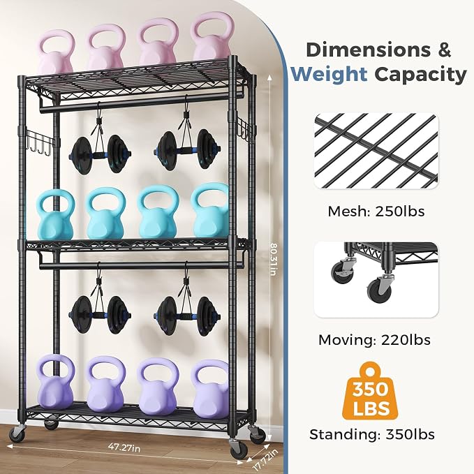 OLIXIS Rolling Clothes Rack, Heavy Duty Garment Rack, 47 IN, Black | Adjustable Closet Organizer for Hanging Clothes, Portable Closet with 2 Side Hooks