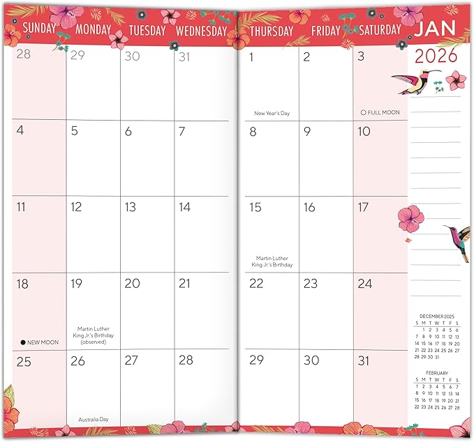 2026 Pocket Calendar Planner, 2-Year Monthly Calendar Book (24-Month): January 2026 – December 2027, Purse Size 6.5" x 3.5", Hummingbird Flowers