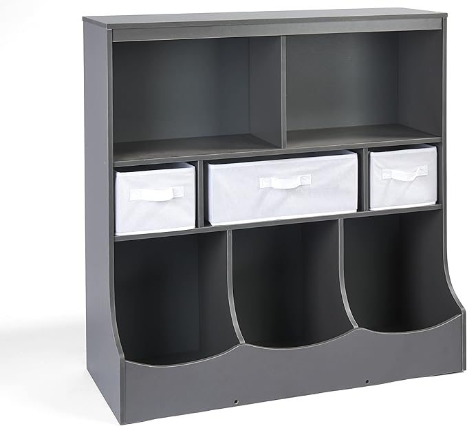 Badger Basket Combo Toy Storage Organizer and Bookshelf - Kids Storage Unit with 3 Removable Baskets, Open Shelves, Top Display Surface - Charcoal