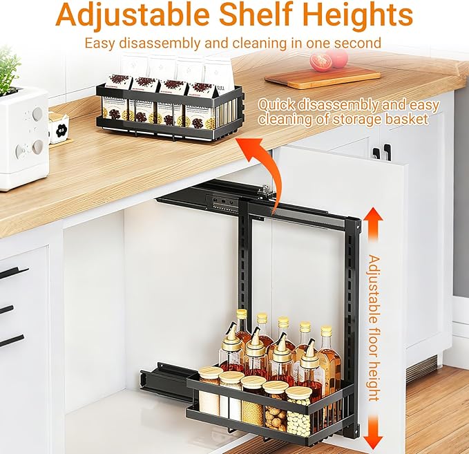 Under Sink Organizer, 2 Tier Carbon Steel Pull Out Under Cabinet Organizer - Height Adjustable Side Cabinet Mountable Slide Out Rack for Kitchen Bathroom (Medium)