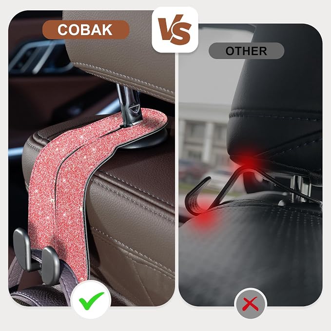 CoBak Purse Hook for Car - Universal Premium Stitched Leather and Aluminum-Magnesium Alloy Double Car Seat Back Storage Hook for Purses, Handbags, Bags (2 Pack),Fuchsia Glitter