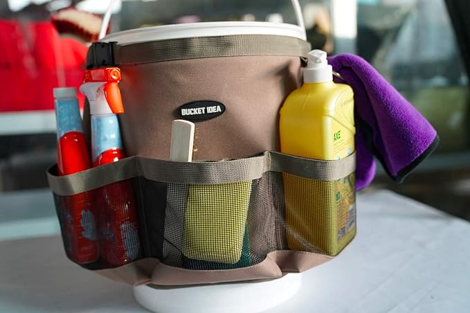 MELOTOUGH Wash Tool Organizer for 5 Gallon Bucket, Cleaning Bucket Organizer Water-Resistant Mesh Pockets for Clean Supplier,Car Wash Supplier,Soap and Towel Holder Ring Included
