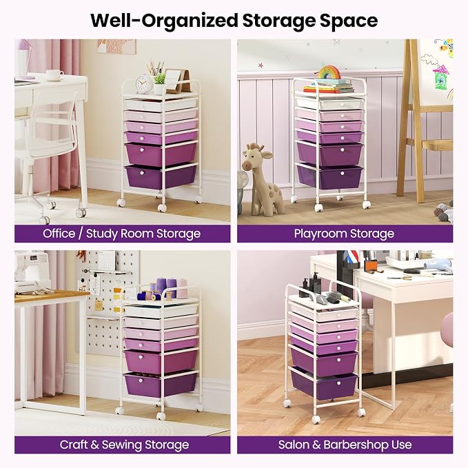 Giantex 6 Storage Drawer Cart Rolling Organizer Cart for Tools Scrapbook Paper Home Office School Multipurpose Mobile Utility Cart, Purple Gradient