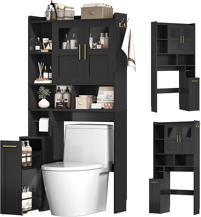ELYKEN Over The Toilet Storage Cabinet with Pulley Bathroom Storage Cabinet, Home Space-Saving Over Toilet Rack with Glass Doors & Adjustable Open Shelf for Bathroom, Restroom, Laundry,Black