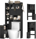 ELYKEN Over The Toilet Storage Cabinet with Pulley Bathroom Storage Cabinet, Home Space-Saving Over Toilet Rack with Glass Doors & Adjustable Open Shelf for Bathroom, Restroom, Laundry,Black