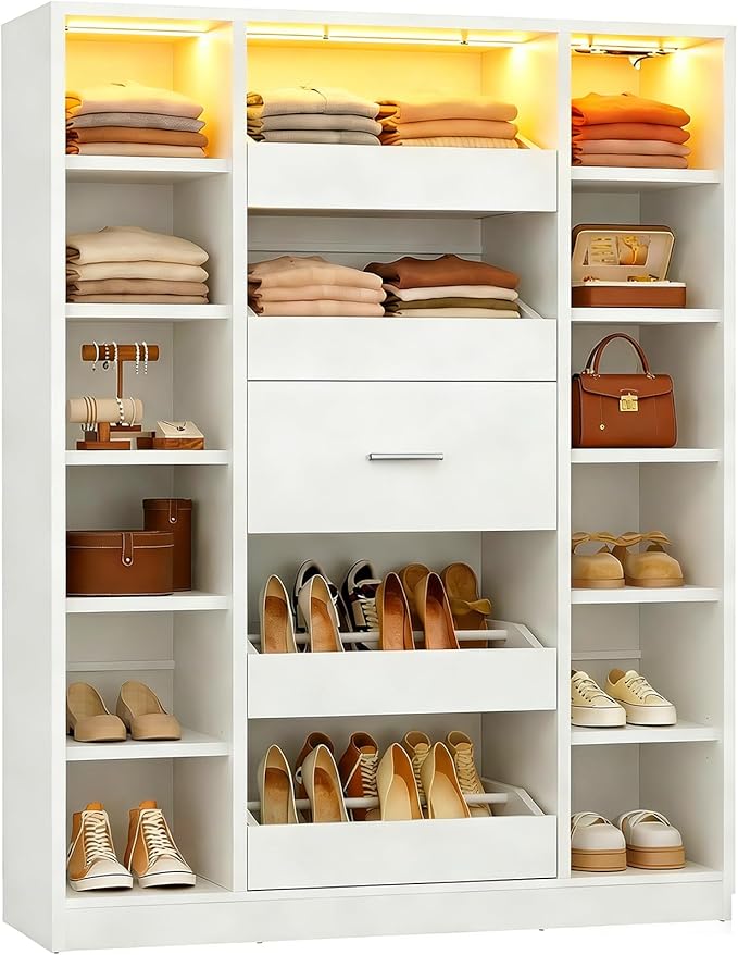 Besiost 40" Closet System with LED Lights, Wooden Closet Organizer System with Drawers & Shelves, Versatile Closet Storage Tower for Walk-in Closets, Shoe Rack and Handbag Storage Cabinet, White