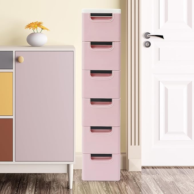 6 Drawers Narrow Storage Cabinet, Stackable Plastic Storage Tower Slim Utility Organizer for Kitchen Bathroom Living Room Office (Light Pink)
