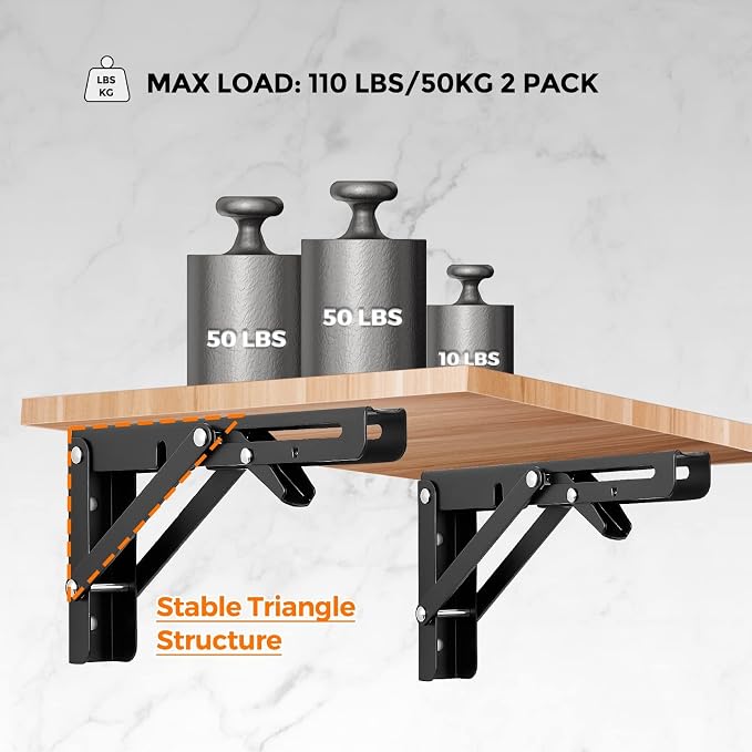 Ravinte Matte Black Folding Shelf Brackets, 8 Inch, 4 Pack | Collapsible Bracket Design, Table And Bench Support, Space-Saving Shelf Setup, For Worktops, Laundry Rooms, Garage Projects