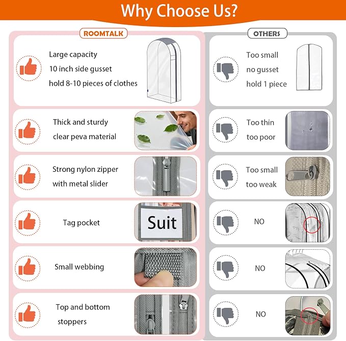 Clear Garment Bags for Hanging Clothes 10" Side Gusset, Suit Bags for Closet Storage, Suit Cover for Shirts Coats Dresses (24"X42"X10" 4Pack)