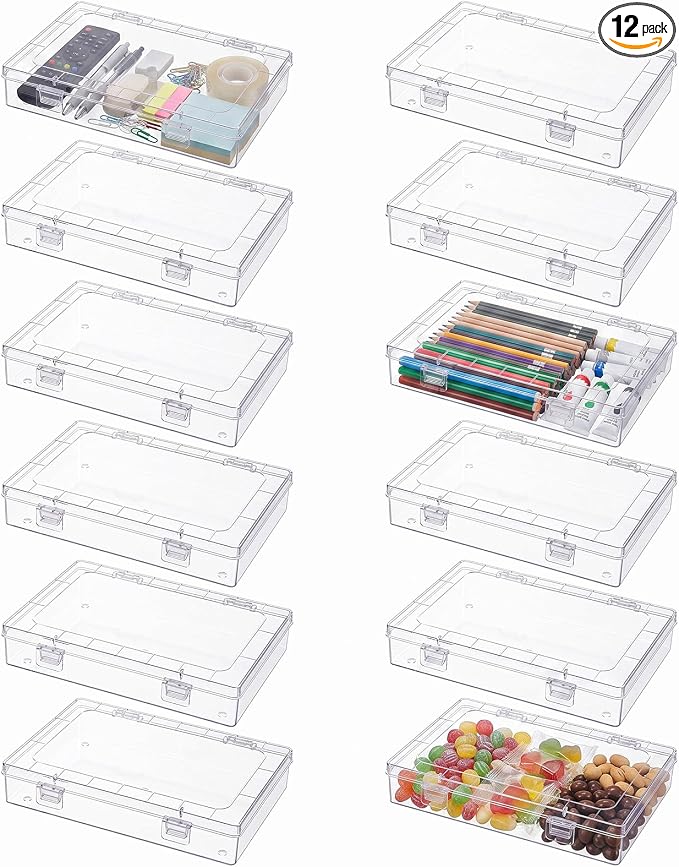 12 Pack Clear Plastic Storage Containers with Lids, 8 x 5 x 1.75 Inch Stackable Hinged Boxes, Empty Organizer for Home Office Craft Supplies, Small Parts Hardware Gadgets