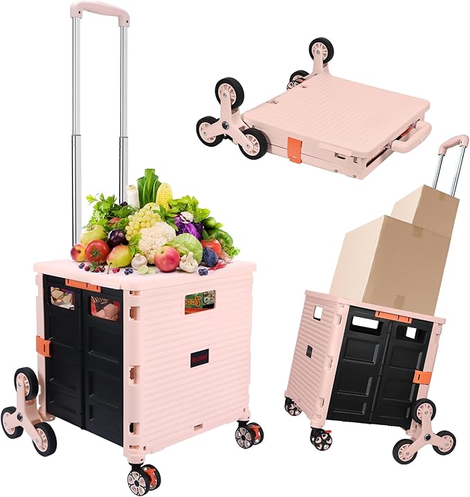 SELORSS Foldable Utility Cart Collapsible Crate Rolling Carts with Stair Climbing Wheels Rolling Tote Basket Teacher Cart with Lid Wear-Resistant 360°Rotate Wheel Noiseless for Shopping Grocery Office