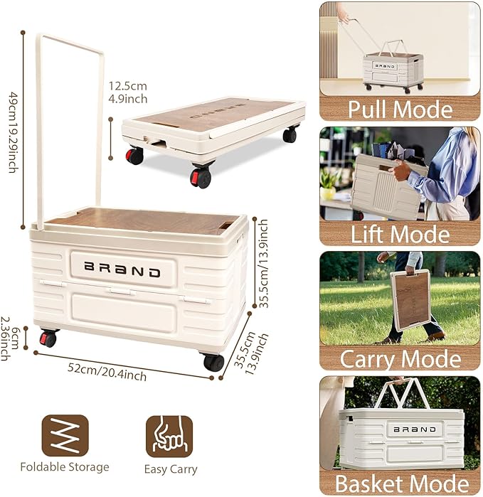 Folding Utility Cart Portable Rolling Crate Handcart Shopping Trolley Collapsible Tool Box with Wooden Lid, Basket on 4 Rotate Wheels, for Grocery, Office, Luggage, Teacher, Travel (White)