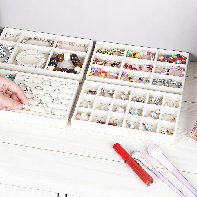 8 PCS Velvet Jewelry Trays, Stackable Jewelry Organizer Trays for Drawer | Multi Grid Earring Tray for Storing Necklaces, Rings, Earrings, Dressing Tables and Drawers-4 Styles, 8.3 x 4.9 Inch