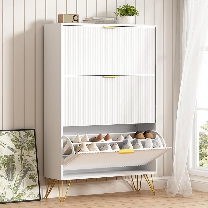 Shoe Storage Cabinet with 3 Flip Drawers, 31.5" W Fluted Shoe Cabinet for Entryway, Hidden Shoe Cabinet Storage, Narrow Free Standing Shoe Orgnaizer Rack Cabinet for Foyer Hallway, White