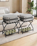 Set of 2 Foldable Black Luggage Rack Stands with Storage Shelves – Heavy Duty Metal Holders, 150 lbs Top, 50 lbs Bottom Each, Fits 20”-28” Luggage – Guest Room, Bedroom, Hotel LR-BK-2