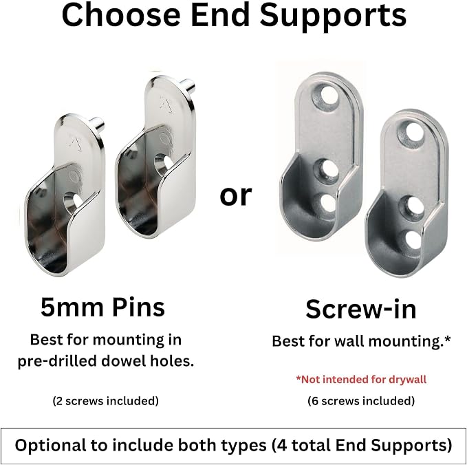 Custom cut to size (12-92 inches) oval closet rod with choice of end support (Chrome)