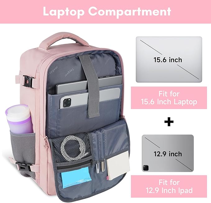 Taygeer Travel Backpack for Women, TSA Carry On Backpack Flight Approved | 15.6inch Laptop Mochila with Water Bottle Pocket & Shoe Pouch, Nurse Bag Casual Daypack for Weekender Business Hiking, Pink