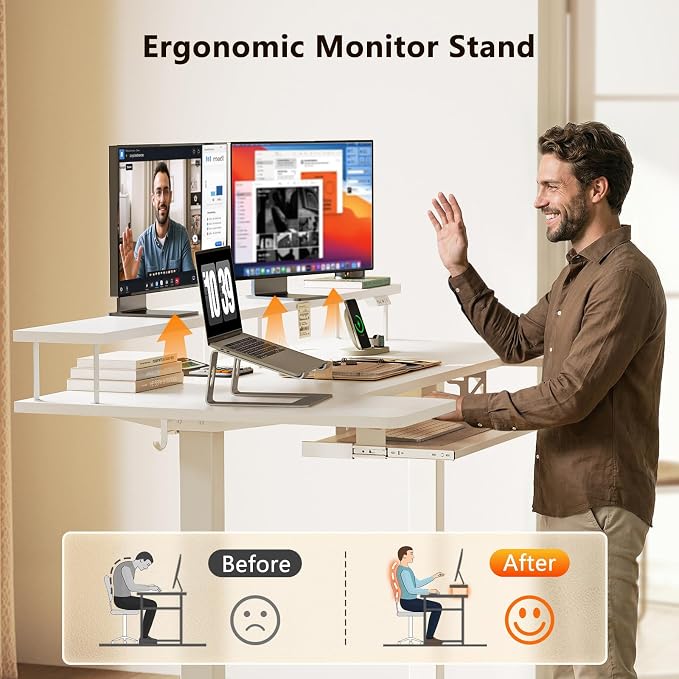 OffiGo 63 Inch U Shaped Electric Standing Desk with Keyboard Tray, White | 3 Outlets & 2 USB Ports, Dual-Monitor Stand, 10 Colors & 10 LED Modes, 3 Presets, 28.3"-46.5"in Range, 154 lb Capacity