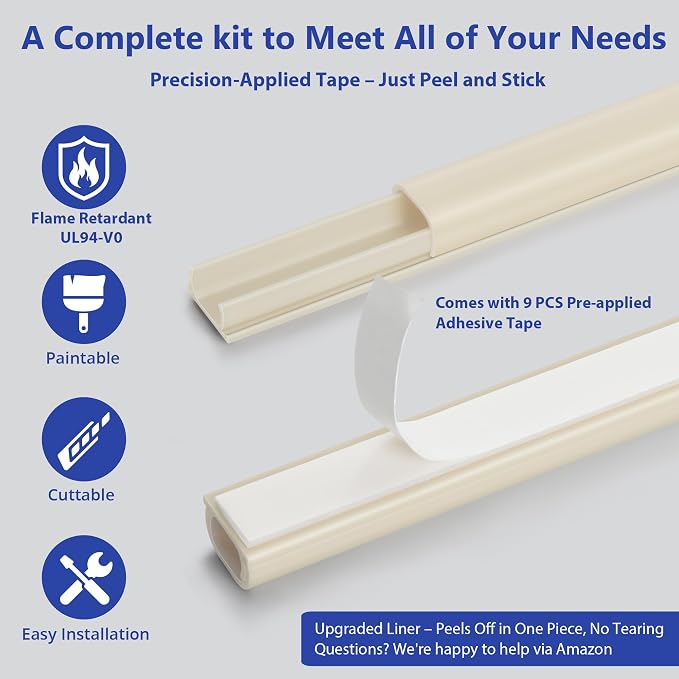 One Cord Cover Wall 153in(9X L17in) - Mini Wire Hider, Wire Cover for Hiding Speaker Wire, Baby Monitor Cord - Paintable Wire Channel for Cable Concealer, W0.5in H0.3in, CMR05 Beige