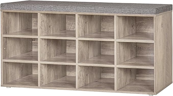 DINZI LVJ Shoe Storage Bench with Cushion, Cubby Rack with 12 Cubbies, Adjustable Shelves, Multifunctional Organizer Bench for Entryway, Mudroom, Hallway, Closet and Garage, Greige