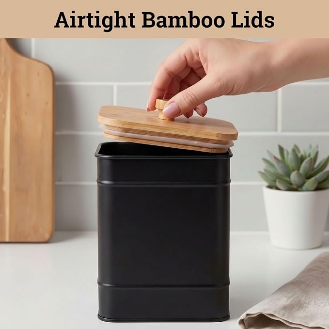 Kitchen Canisters for Countertop Set of 3 w/ Chalkboard Labels & Marker Pen | Airtight Easy Open Bamboo Lids, Dent-Resistant Thick Metal, Customizable Chalkboard Labels, Marker Pen Included, Set of 3