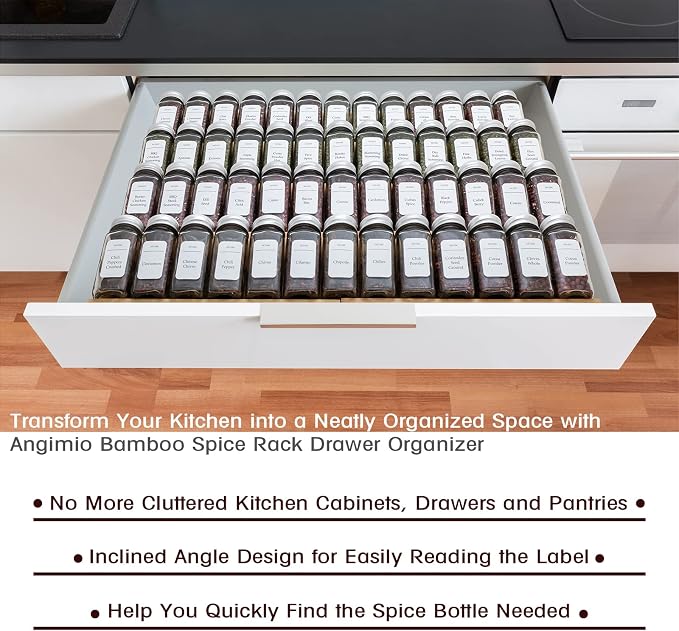 Bamboo Spice Rack Drawer Organizer - 8 Piece Set - 12" Wide, Combine Into 24" Rack (12" or 24")