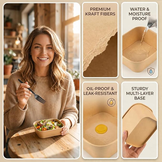 50 Pack 29oz Disposable Kraft Paper Bowls with Lids and Forks, Leak Resistant Meal Prep Containers, Microwave & Freezer Safe for Weekly Lunch Prep, Leftovers, Takeout and Party
