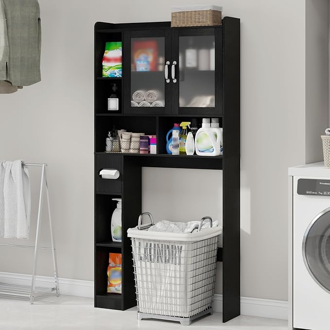 Vabches Over The Toilet Storage Cabinet, Farmhouse Storage Cabinet Over Toilet with Acrylic Doors，Home Space-Saving Toilet Rack, for Bathroom, Restroom, Laundry (Black)