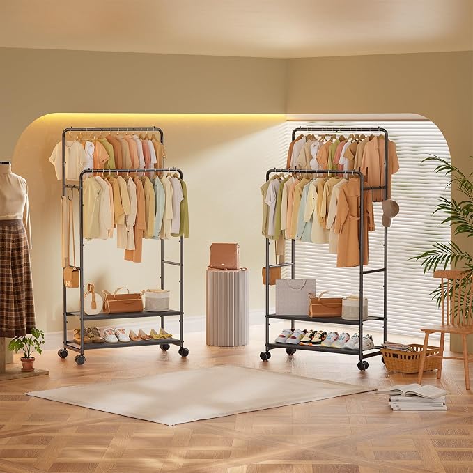 Simple Trending Clothes Rack for Hanging Clothes, Double Rod Clothing Rack with Shelves Load 400 LBS, Garment Rack with Wheels, Black