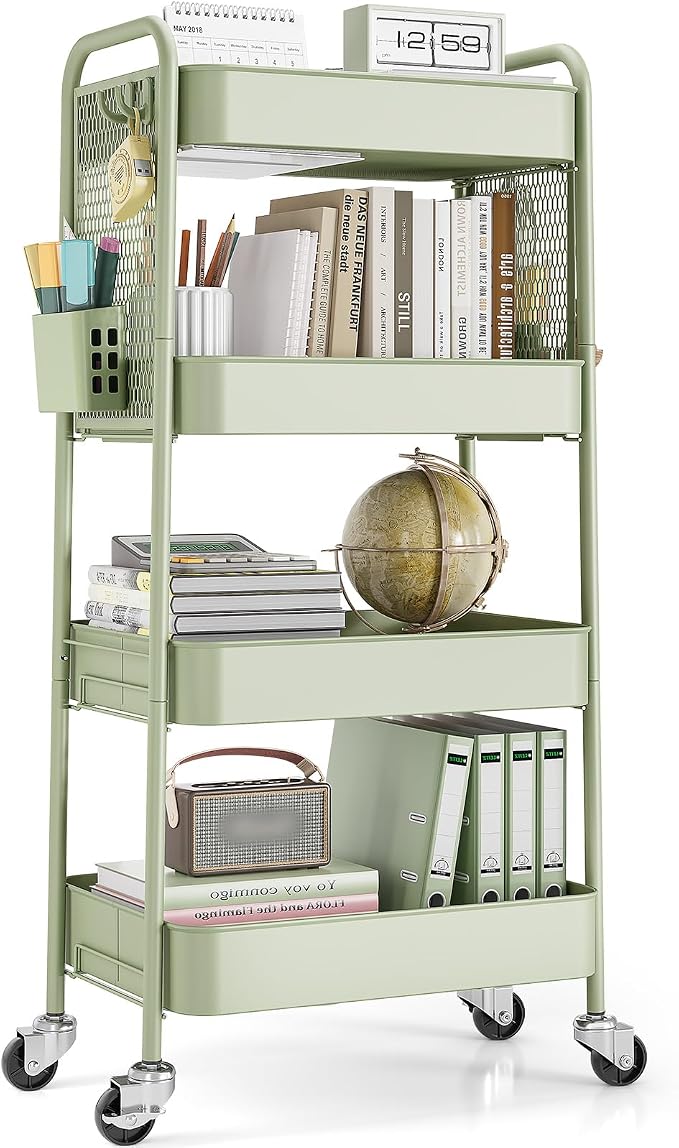 TOOLF 4 Tier Rolling Cart with Pegboard, Metal Storage Organizer Cart with Wheels, Hooks & Bins Esthetician Craft Art Sturdy Storage for Bathroom, Kitchen, Office, Nursery Diaper