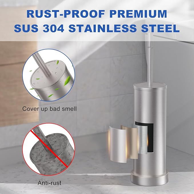 2 Pack Brushed Nickel Toilet Brush with Holder, 304 Stainless Steel Toilet Bowl Brush, Anti-Splash Design, Detachable Inner Tube for Bathroom RV