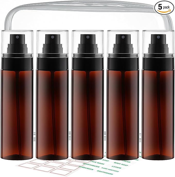 Cosywell 5 Pack Fine Mist Spray Bottles 3.5oz/105ml Leak Proof Mister Spray Bottle Refillable Plastic Hair Spray Bottle for Perfume Skincare Toners Water Cosmetics (Brown)