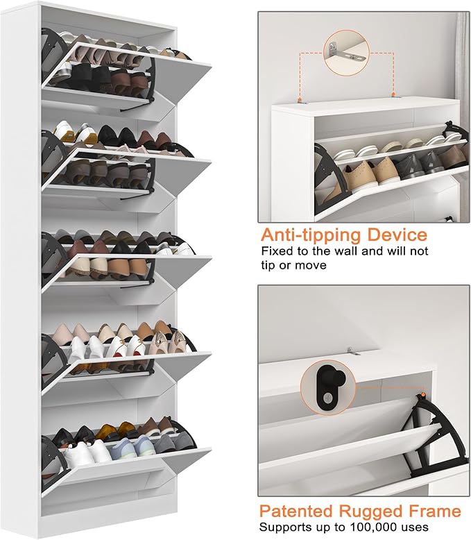 Mirrored Shoe Storage Cabinet with 5 Flip Drawers, 30 Pairs | Real Glass Mirror | Fits Men's Size 15 | Narrow Floor Standing | Entryway Organizer | Space-Saving | White