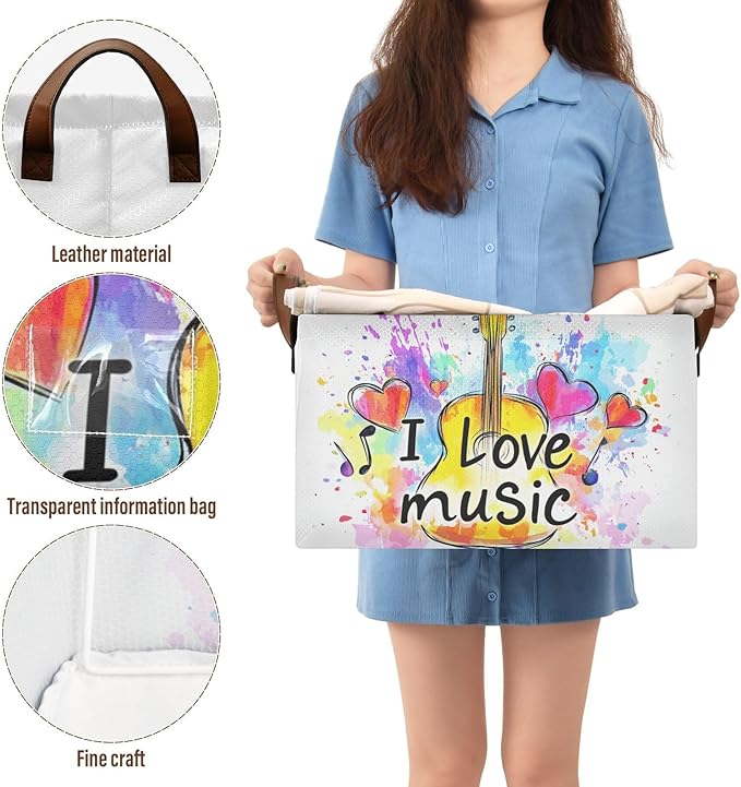 I Love Music Quoted Musical Guitar Storage Basket Foldable Cube Storage Bins with Handles&Label Collapsible Organizer Box Bin Large Rectangle Decorative Baskets for Shelves Home Room Closet, 2 Pack
