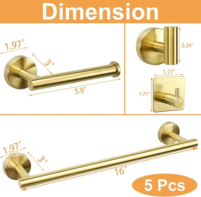TocTen Bathroom Hardware Set, Thick Stainless Steel Bath Towel Bar Set Including Towel Rack for Bathroom+Toilet Paper Holder+3 Robe Towel Hooks Wall Mount Bathroom Accessory Set(16IN,Brushed Gold)