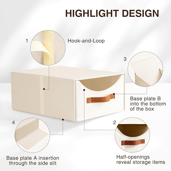 Homsorout Stackable Storage Drawers - Large Collapsible Storage Bins with Drawers, 4 Pack Closet Shelf Organizer Basket, Fabric Pull Out Organizer for Bedroom, Living Room, Dorm, Light Beige