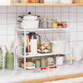 Expandable Cabinet Shelf Organizer Rack, Stackable Kitchen Counter Storage Shelves Stand, Adjustable Height Pantry Shelf Spice Rack (White-2 Pack, 8.7" D x 15.4-26.8" W x 9.8" H)