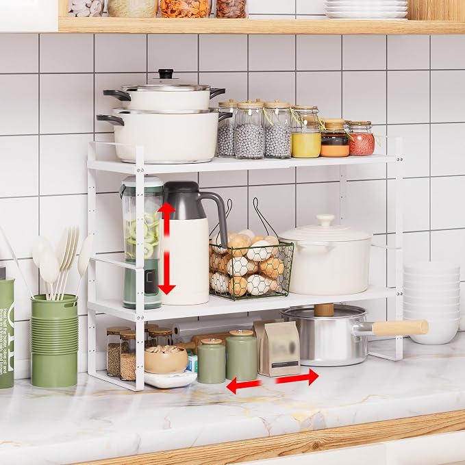 Expandable Cabinet Shelf Organizer Rack, Stackable Kitchen Counter Storage Shelves Stand, Adjustable Height Pantry Shelf Spice Rack (White-2 Pack, 8.7" D x 15.4-26.8" W x 9.8" H)