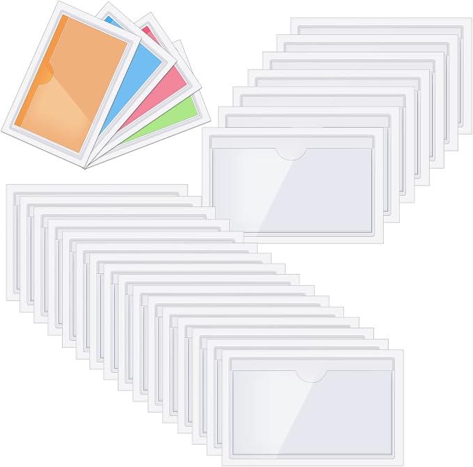 Chinco 30 Pcs Self Adhesive Pockets, Bin Labels for Storage Bins, Clear Pocket Label Sleeves, Plastic Index Card Holder with Top Open for Organizing Bins Box Drawer (4.06 x 2.48 Inches)
