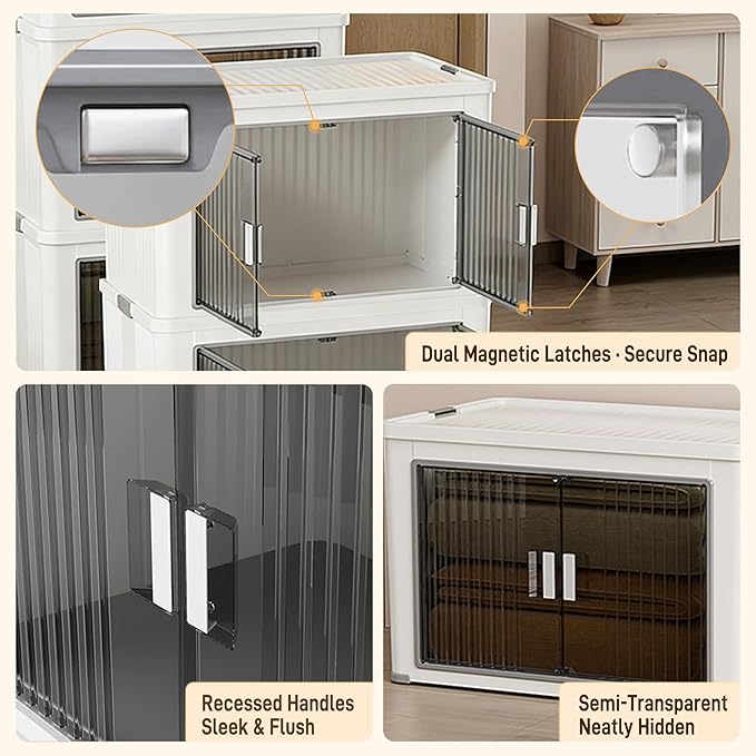 Folding Storage Bins with Lids, 4-Pack Top & Front Opening Stackable Organizer, Total 280qt, for Bedroom Living Room Kitchen Office Bathroom, White, 22"x13.6"x13.8" Each
