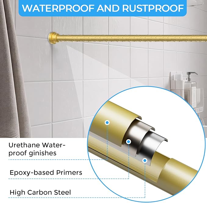AIZESI Spring Tension Curtain Rod No Drilling 45 to 77 Inch, 7/8" Diameter, Gold Adjustable Shower Curtain Rods for Window Bathroom, Doorway, Closet & Kitchen