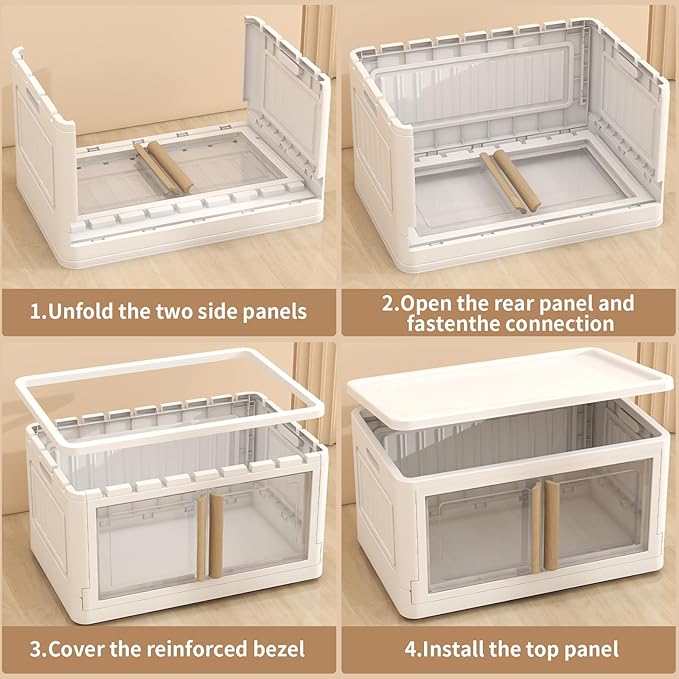 Collapsible Storage Bins with Lids, Wooden Handles 92Qt Large 4 Packs Stackable Storage Bin with Individual Lids, Foldable Storage Cabinet for Home, Office, Dorms