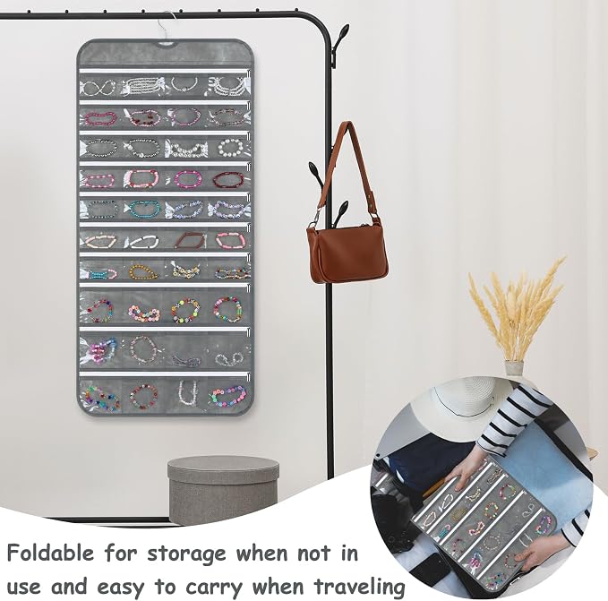 SynHHergyx 2 Pack Zippered Pocket Hanging Jewelry Organizer Dual-Sided Zipper Jewelry Holder Hanging Storage Organizer for Holding Earrings Bracelets Rings, Each with 80 Zippered Pockets