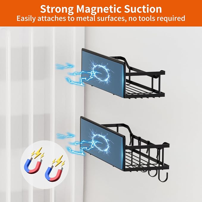 Magnetic Spice Rack,Multifunctional Magnetic Shelf for Washing Machine,Refrigerator,Microwave,and Any Metal Surface,Powerful Magnetic Shelves Include Magnetic Paper Towel Holder (5 pcs - Black)