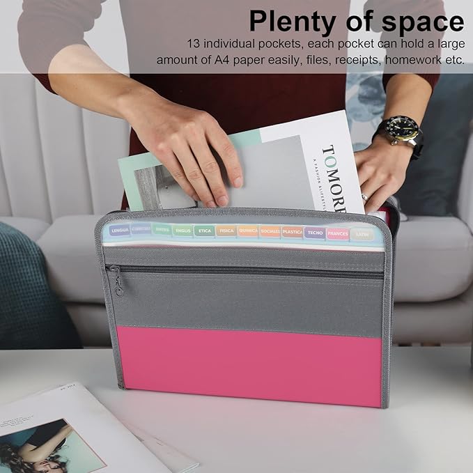 NAFY Expanding File Folders, 2Pack 13 Pockets Document Organizer with Zipper, A4 Letter Size Portable Accordion Expanding File Folders with Multicolor Labels for Office School Supplies (Black+Pink)