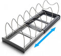 OMIO Expandable Pot Lid Organizer Rack for Under Cabinet, Adjustable 12"-22" Kitchen Storage with 7 Steel Dividers, Scratch-Resistant ABS Base for Pans, Cutting Boards, Bakeware, Grey