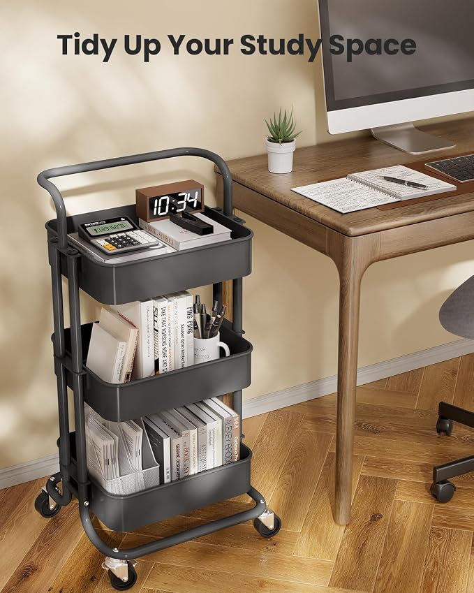 Pipishell 3 Tier Rolling Cart, Metal Utility Cart with Wheels and Handle, Rolling Storage Cart for Nursery Room, Living Room, Painting Room, Office and Kitchen, Grey