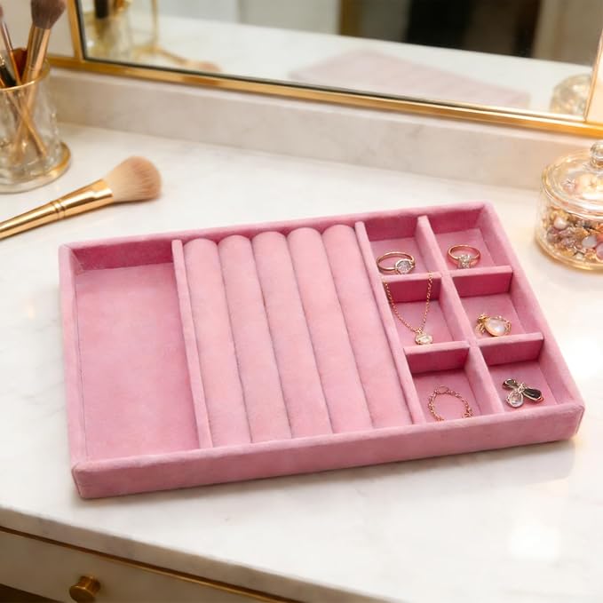 Velvet Jewelry Organizer Trays Pink Stackable Jewelry Storage Display Tray with Removable Dividers, 3-in-1