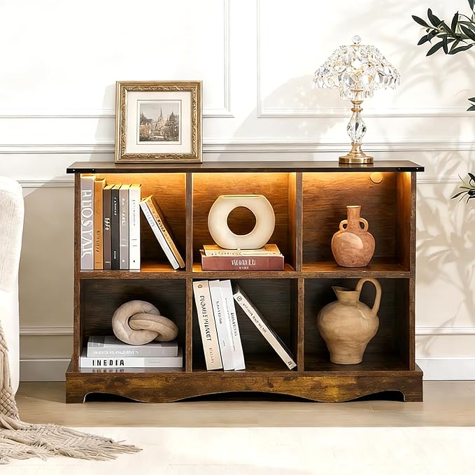 6 Cube Storage Organizer Bookcase, Long Horizontal Wood Bookshelf with Open Compartments, Multi-Purpose Cube Shelf, Hallway TV Stand for Living Room, Bedroom, Entryway, Brown